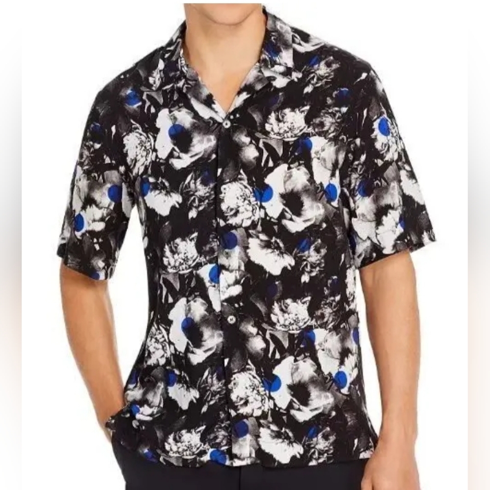 Paul Smith Dotted Black & White Floral Print Camp Shirt Mens